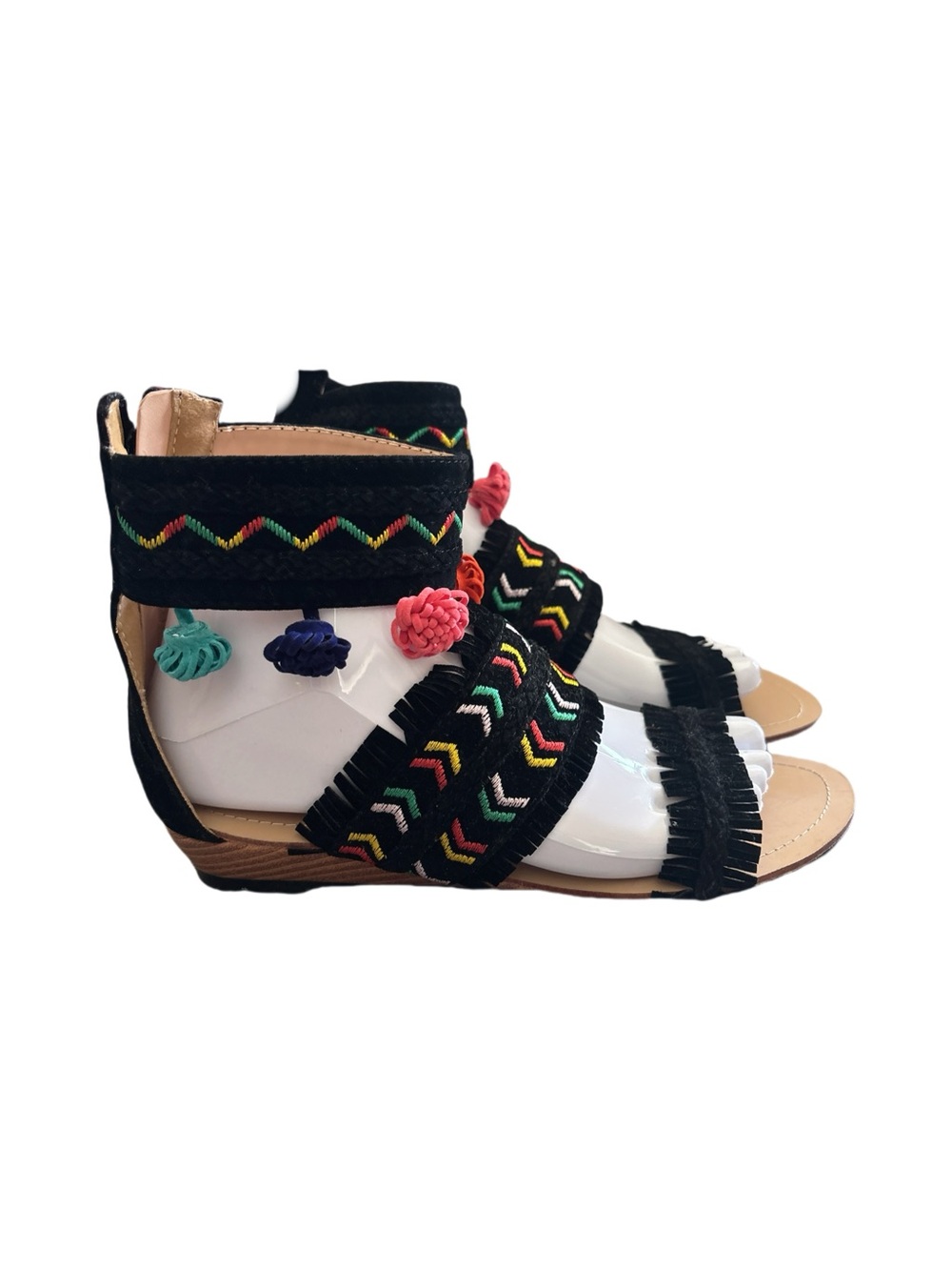Chase + Chloe Black Multicolor Fringe PomPom Zipper Sandals Ethnic Tribal Size 8